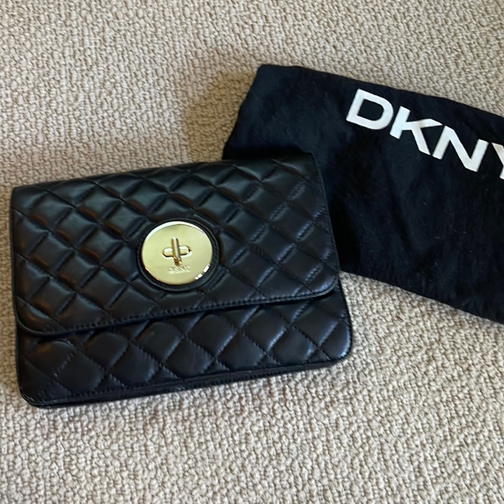 DKNY Quilted Flap Black Clutch with Crossbody Strap